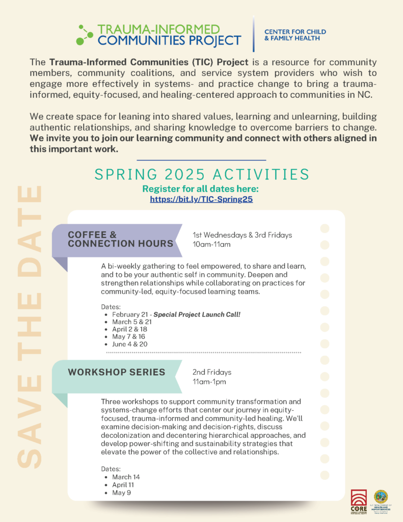 Flyer with above information about Spring 2025 TIC Activities dates and times.